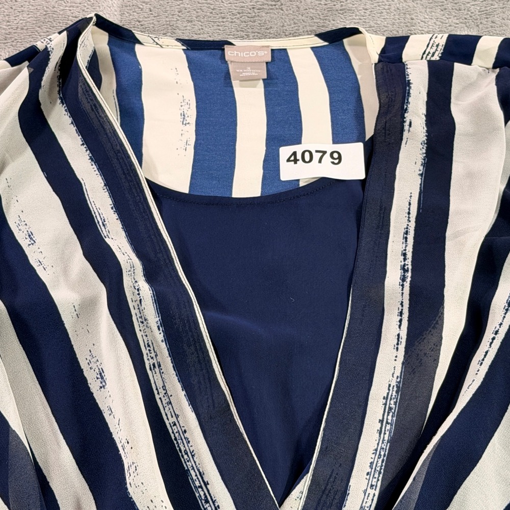 Chico's Faux Wrap Blouse Women 3 XL Blue White Striped Surplice Top 570242859